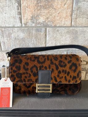 Divina Firenze Leather Leopard-Print Shoulder Bag with Black Strap